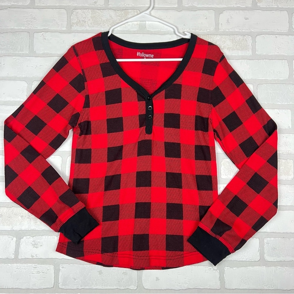 #followme Red Black Buffalo Plaid Thermal Henley‎ Waffle Knit Top Small 6372
